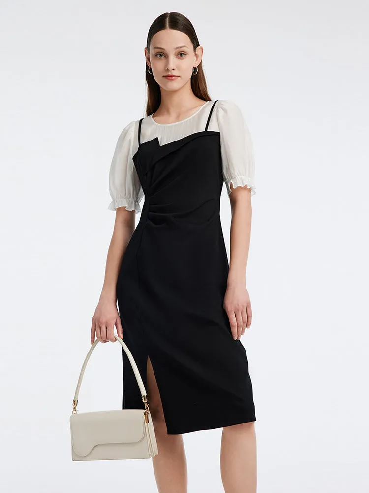 Knitted Puff Sleeve Patchwork Midi Dress sold by Goelia product image thumbnail 3