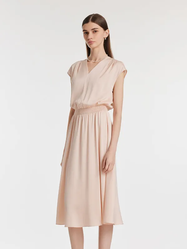 22 Momme Mulberry Silk Gathered Waist Women Midi Dress sold by Goelia