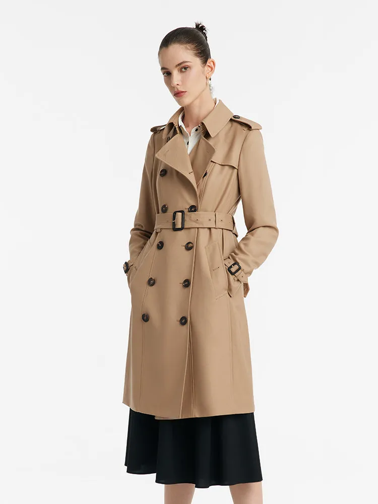 Worsted Wool Gathered Waist Double-Breasted Women Trench Coat sold by Goelia