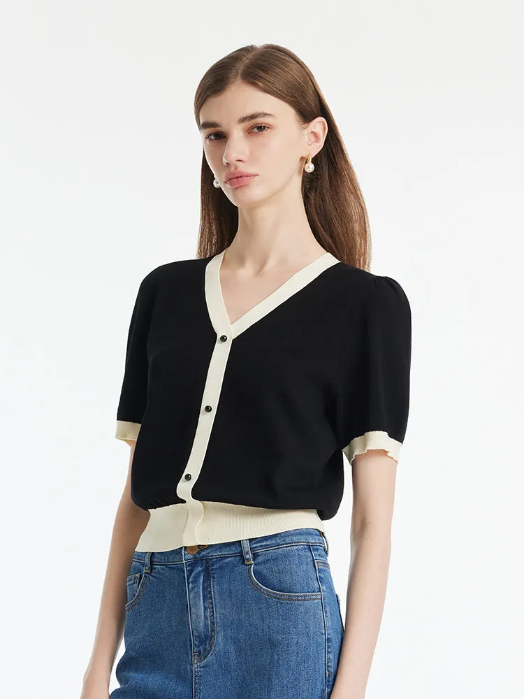 Tencel Contrast Trim V-Neck Women Knit Top With Detachable 3D Flower sold by Goelia product image thumbnail 5