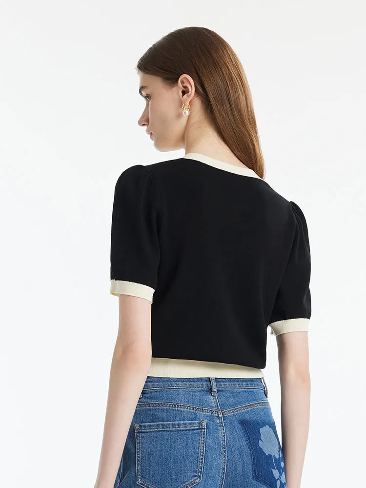 Tencel Contrast Trim V-Neck Women Knit Top With Detachable 3D Flower sold by Goelia product image thumbnail 4