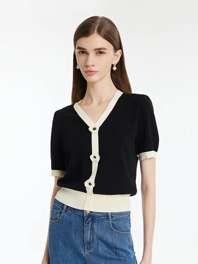 Tencel Contrast Trim V-Neck Women Knit Top With Detachable 3D Flower sold by Goelia