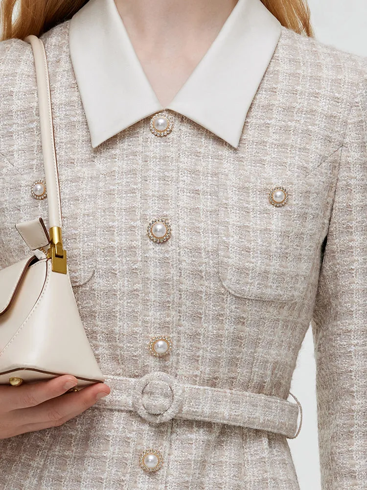 Wool Blend Tweed Patchwork Lapel Women Midi Dress With Belt sold by Goelia product image thumbnail 5