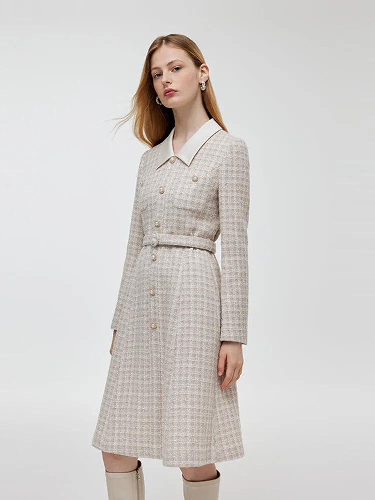 Wool Blend Tweed Patchwork Lapel Women Midi Dress With Belt sold by Goelia product image thumbnail 4
