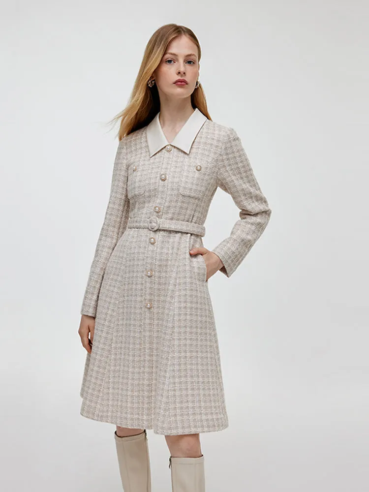 Wool Blend Tweed Patchwork Lapel Women Midi Dress With Belt sold by Goelia