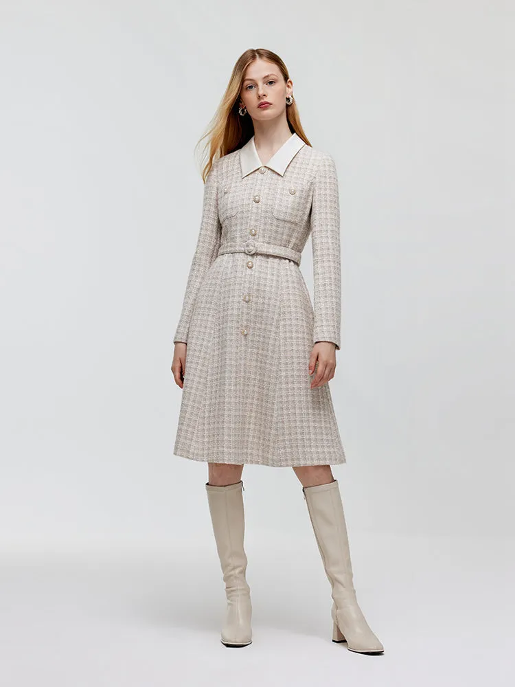 Wool Blend Tweed Patchwork Lapel Women Midi Dress With Belt sold by Goelia product image thumbnail 2