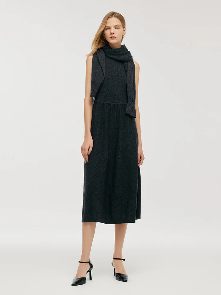 Wool Blend Multi-purpose Scarf And Sleeveless Knitted Midi Dress Two-Piece Set sold by Goelia