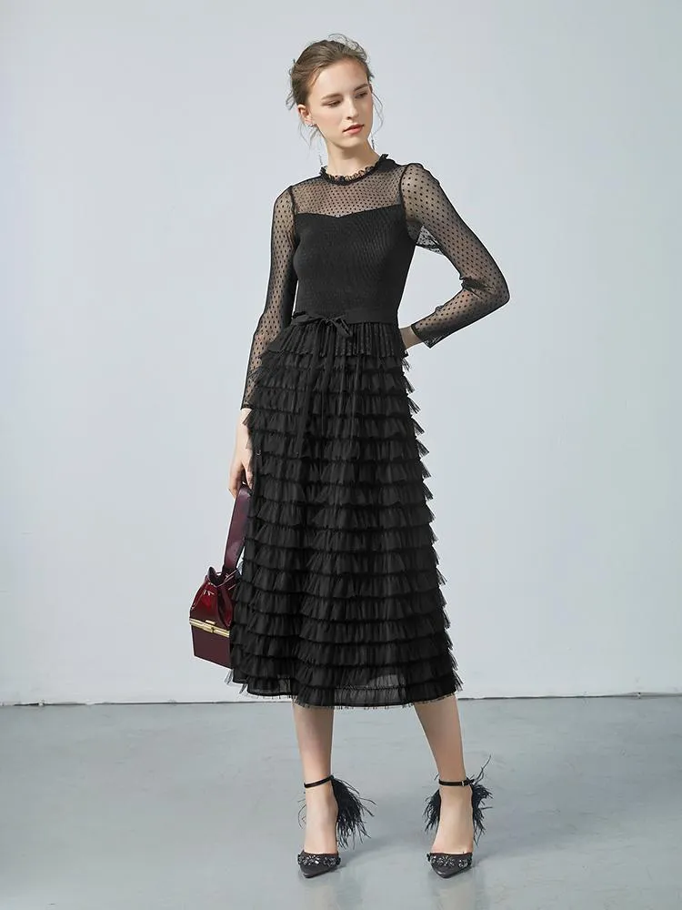 Pleated Tiered Sheer Sleeve Cake Midi Dress sold by Goelia