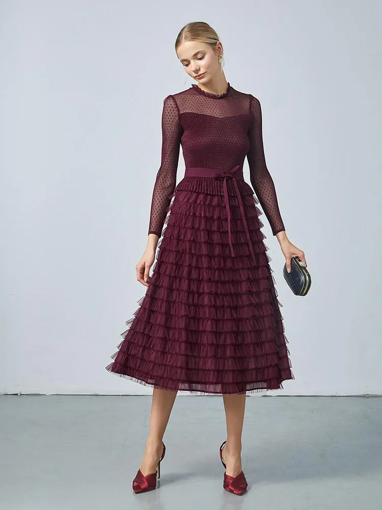 Pleated Tiered Sheer Sleeve Cake Midi Dress sold by Goelia product image thumbnail 3