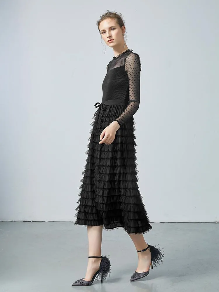Pleated Tiered Sheer Sleeve Cake Midi Dress sold by Goelia product image thumbnail 2