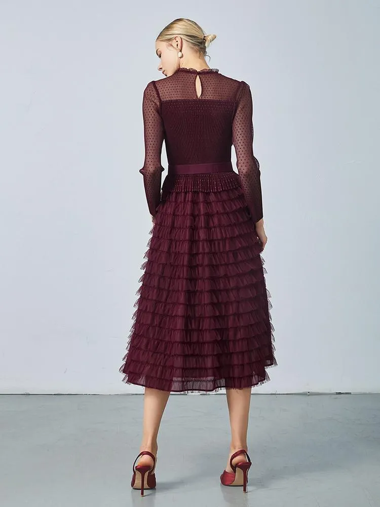 Pleated Tiered Sheer Sleeve Cake Midi Dress sold by Goelia product image thumbnail 5