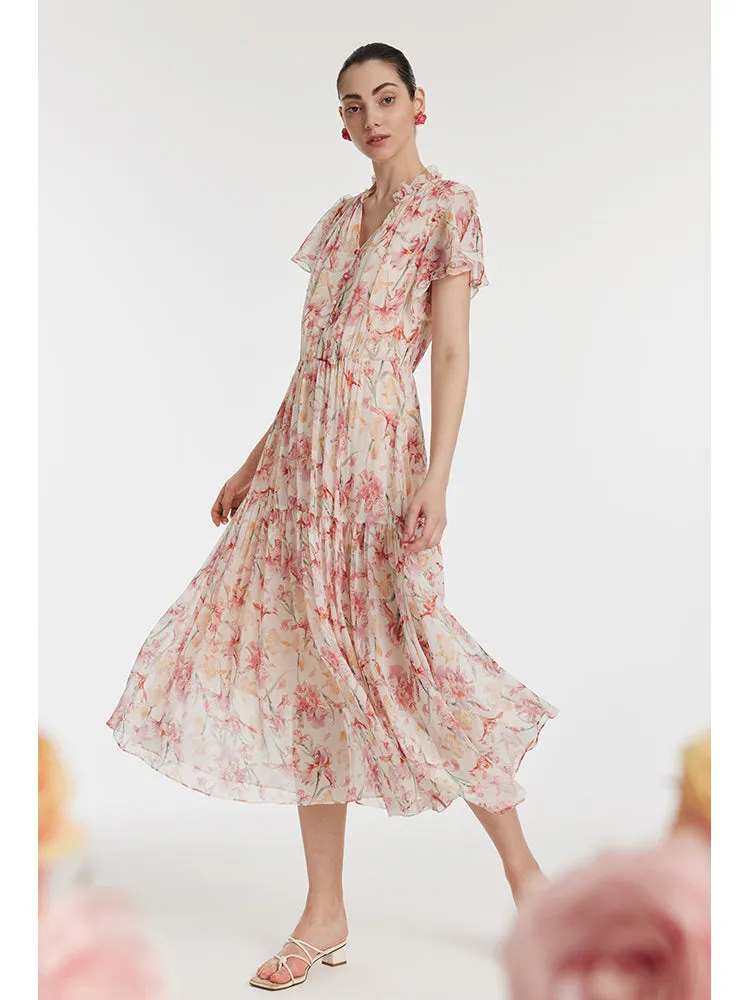 10 Momme Mulberry Silk Iris Print V-Neck Ruffle Sleeves Women Maxi Dress sold by Goelia product image thumbnail 3