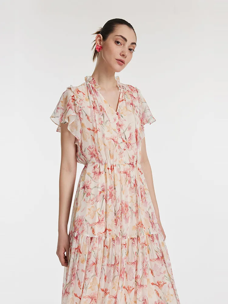 10 Momme Mulberry Silk Iris Print V-Neck Ruffle Sleeves Women Maxi Dress sold by Goelia product image thumbnail 5