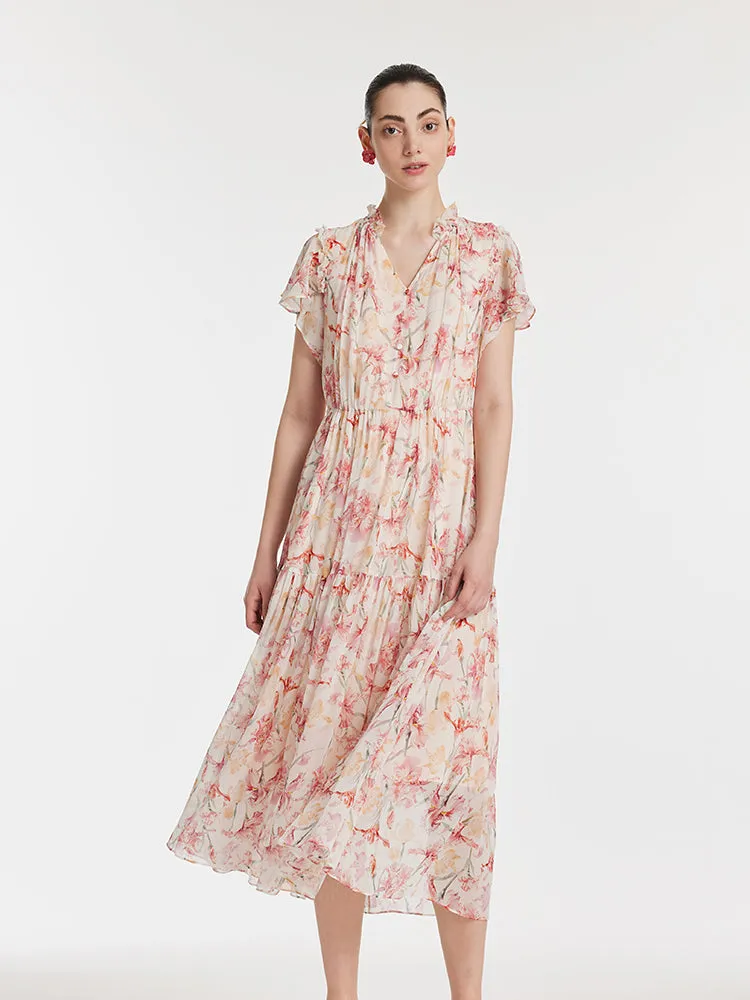 10 Momme Mulberry Silk Iris Print V-Neck Ruffle Sleeves Women Maxi Dress sold by Goelia product image thumbnail 2