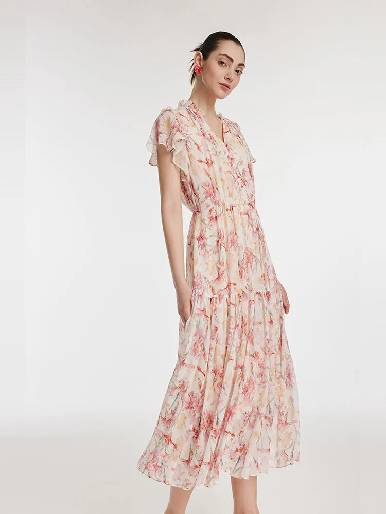 10 Momme Mulberry Silk Iris Print V-Neck Ruffle Sleeves Women Maxi Dress sold by Goelia product image thumbnail 4