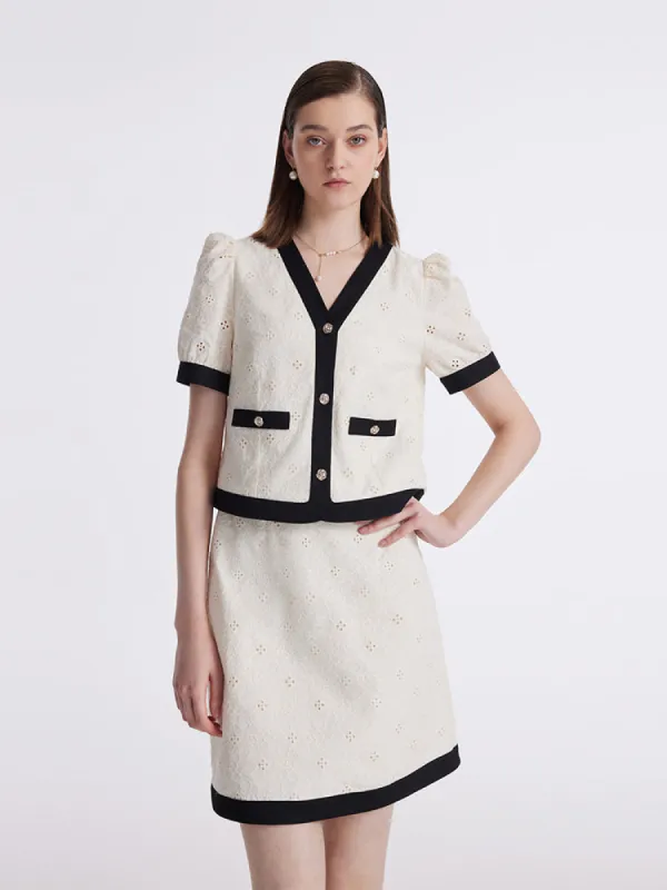 Contrast Trim Embroidered Top And Skirt Two-Piece Set sold by Goelia