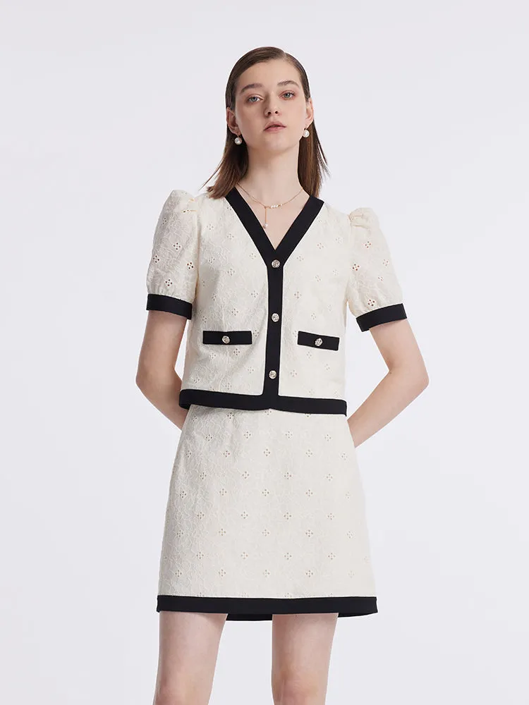 Contrast Trim Embroidered Top And Skirt Two-Piece Set sold by Goelia product image thumbnail 3