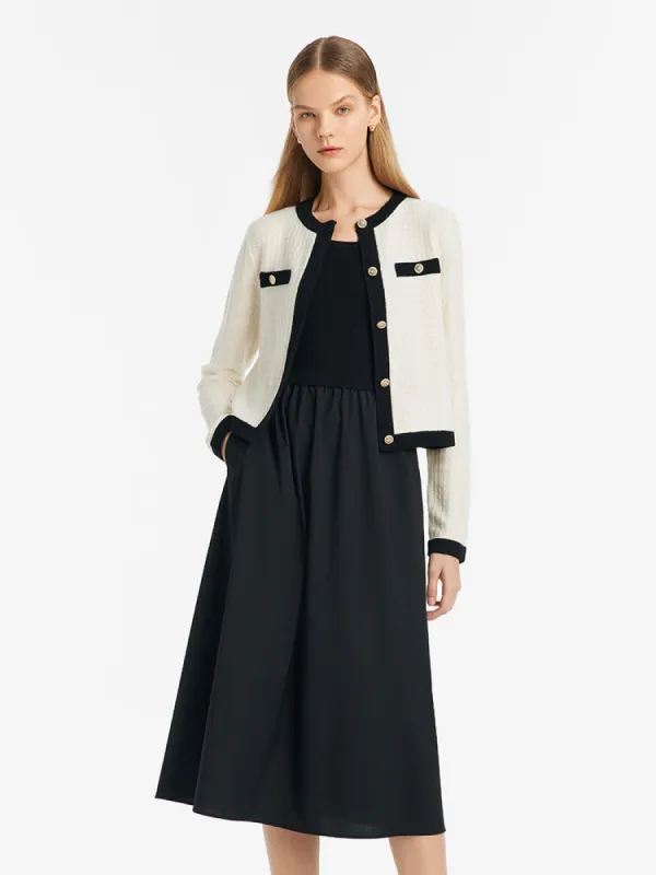 Contrast Trim Cardigan And Vest Dress Two-Piece Set sold by Goelia
