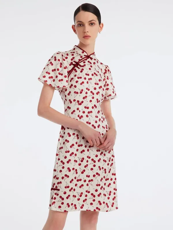 Mandarin Collar Cherry Print Cheongsam Qipao Midi Dress sold by Goelia