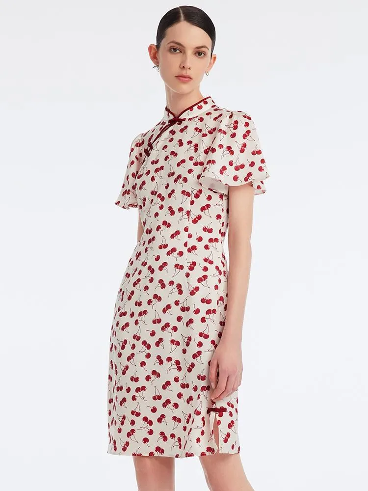 Mandarin Collar Cherry Print Cheongsam Qipao Midi Dress sold by Goelia product image thumbnail 2