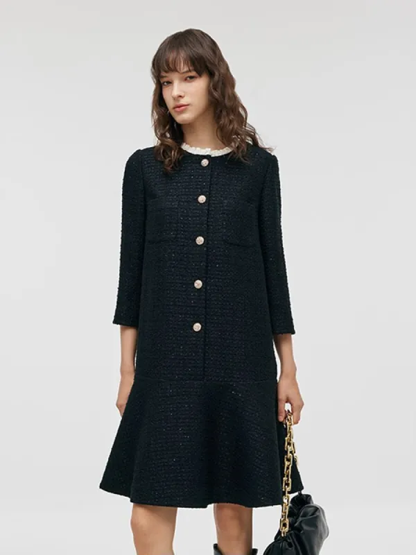 Tweed A-Line Ruffle Collared Women Midi Dress sold by Goelia