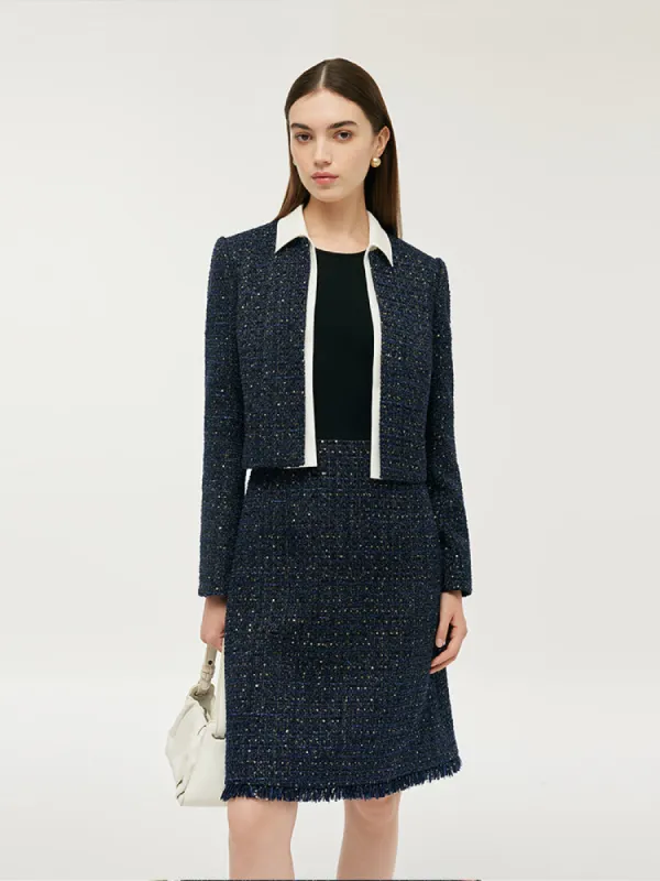 Tweed Women Crop Jacket With Detachable Lapel And Mini Dress Two-Piece Set sold by Goelia