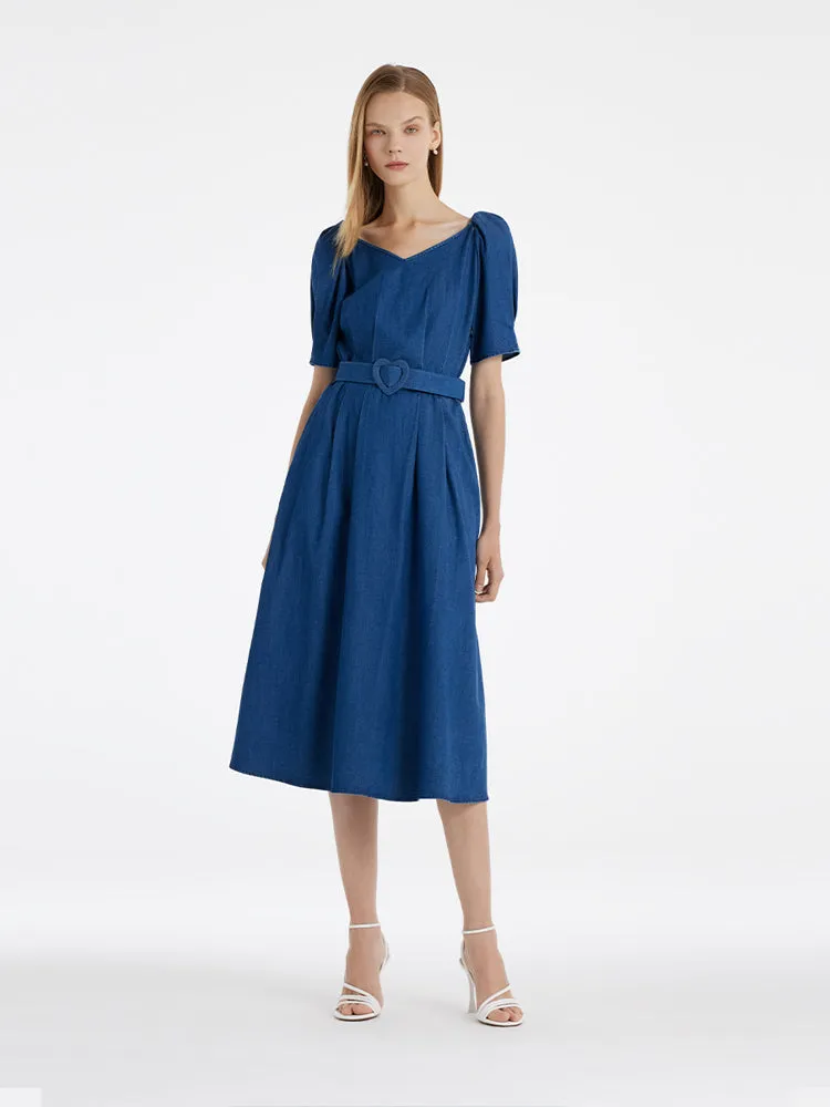 Denim Women Midi Dress With Heart-Shaped Buckle Belt sold by Goelia product image thumbnail 2