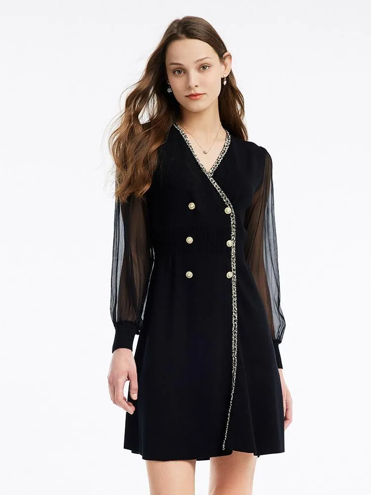 Tulle Sleeve V-Neck Double-Breasted Mini Dress sold by Goelia