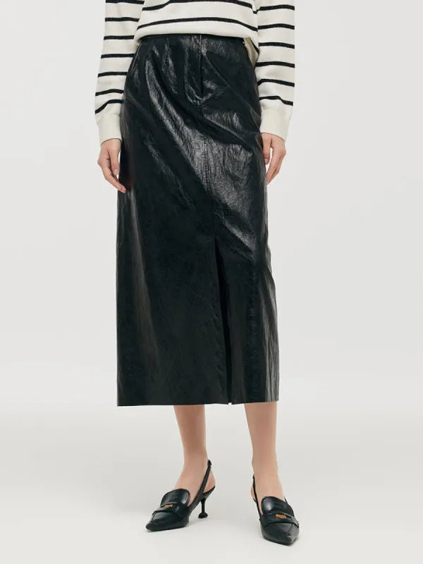PU Leather Slit Women Column Skirt sold by Goelia