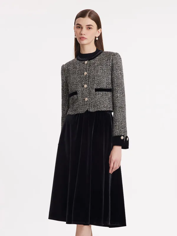 Tweed Crop Jacket And Velvet Skirt Two-Piece Set sold by Goelia
