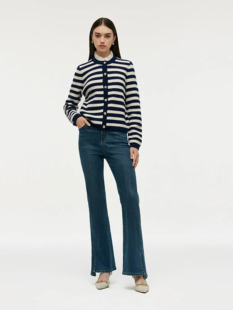 Blue And White Stripe Women Cardigan With Detachable Ruffle Collar sold by Goelia product image thumbnail 2