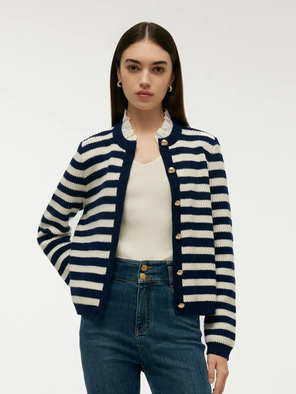 Blue And White Stripe Women Cardigan With Detachable Ruffle Collar sold by Goelia