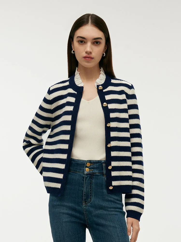 Blue And White Stripe Women Cardigan With Detachable Ruffle Collar sold by Goelia
