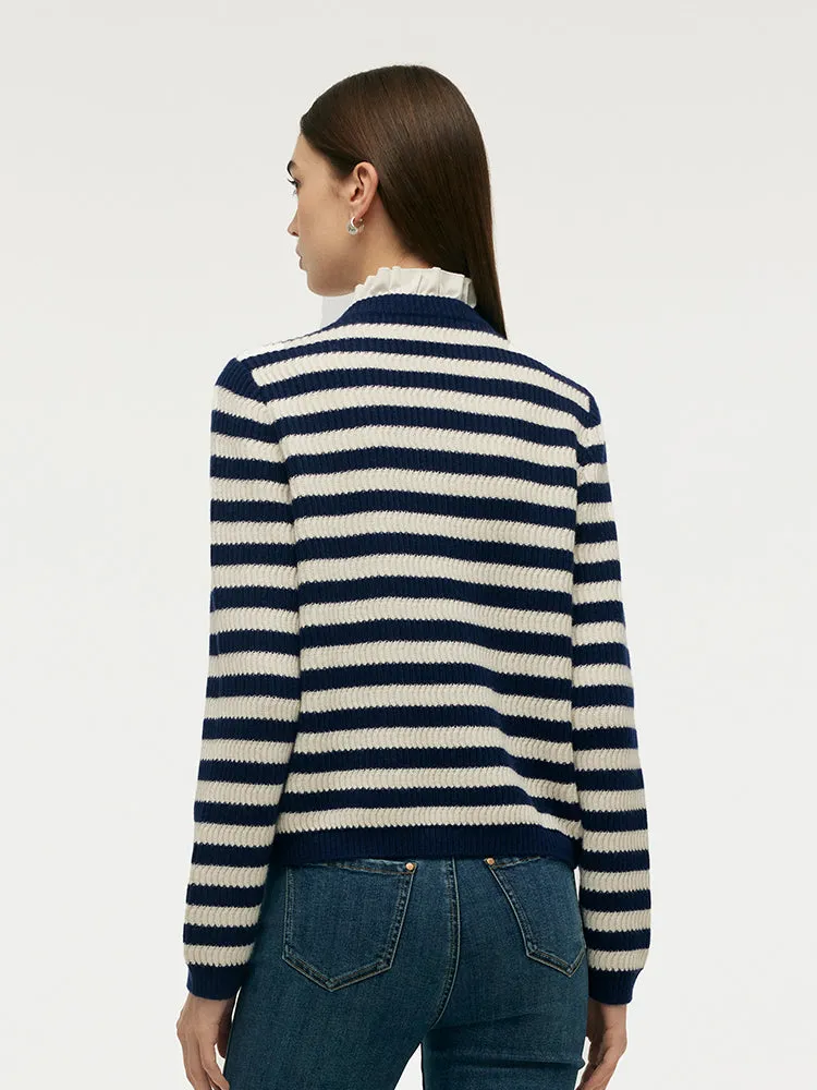 Blue And White Stripe Women Cardigan With Detachable Ruffle Collar sold by Goelia product image thumbnail 3