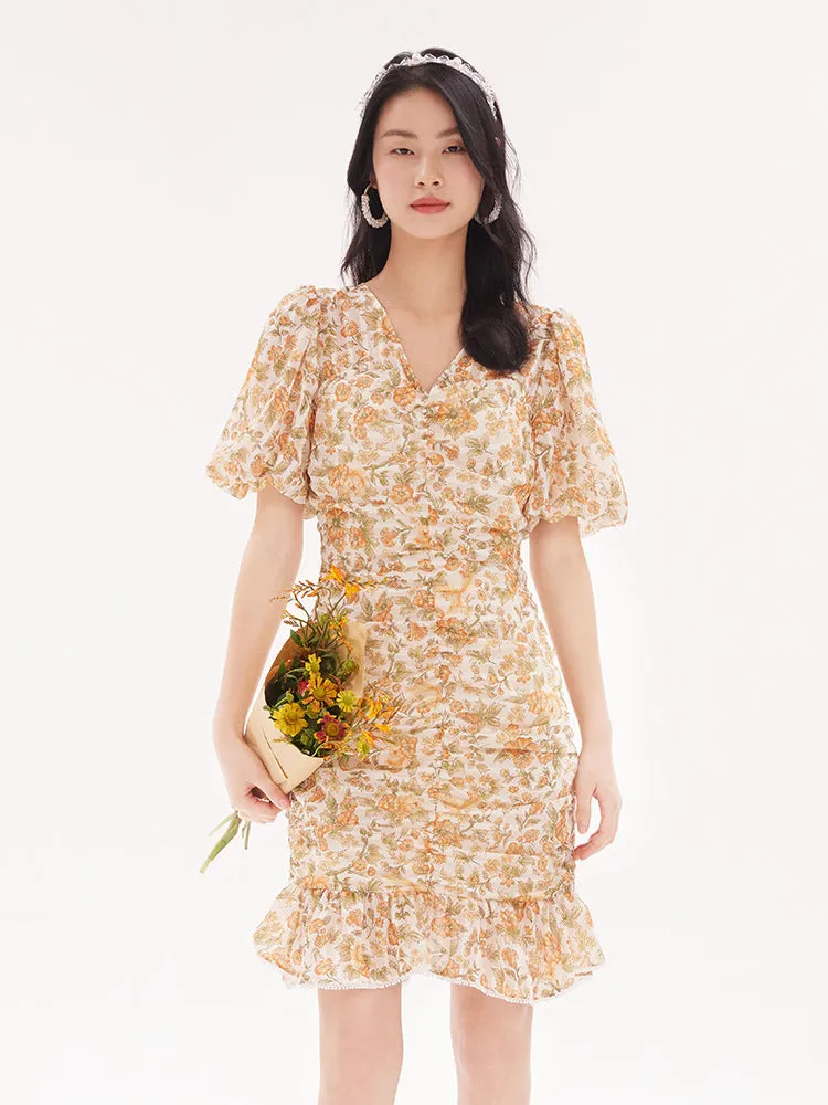 Ruched V-Neck Puff Sleeve Floral Mini Dress sold by Goelia