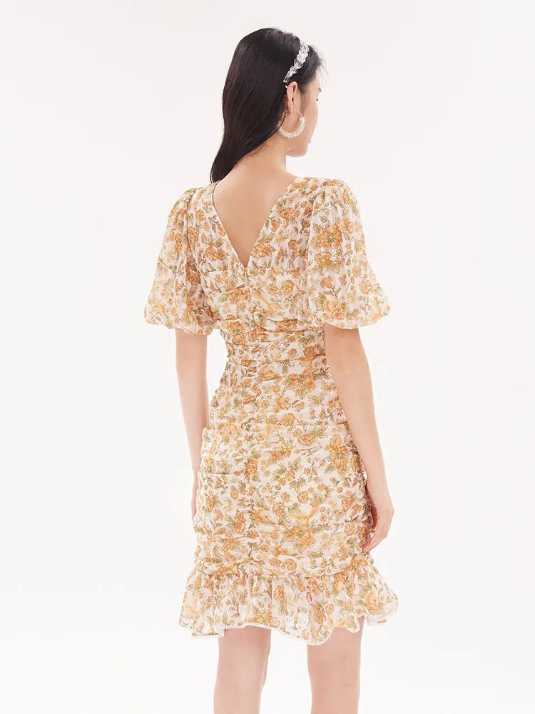 Ruched V-Neck Puff Sleeve Floral Mini Dress sold by Goelia product image thumbnail 3