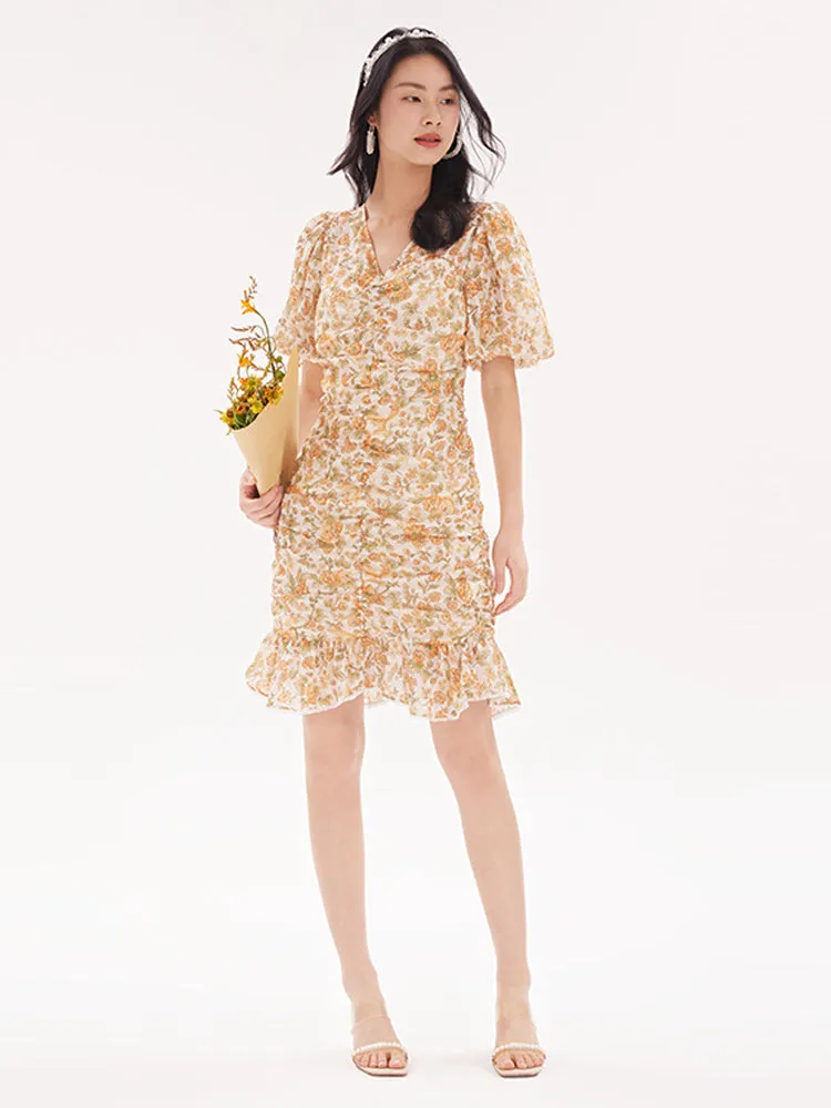 Ruched V-Neck Puff Sleeve Floral Mini Dress sold by Goelia product image thumbnail 2