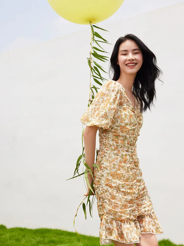 Ruched V-Neck Puff Sleeve Floral Mini Dress sold by Goelia product image thumbnail 5