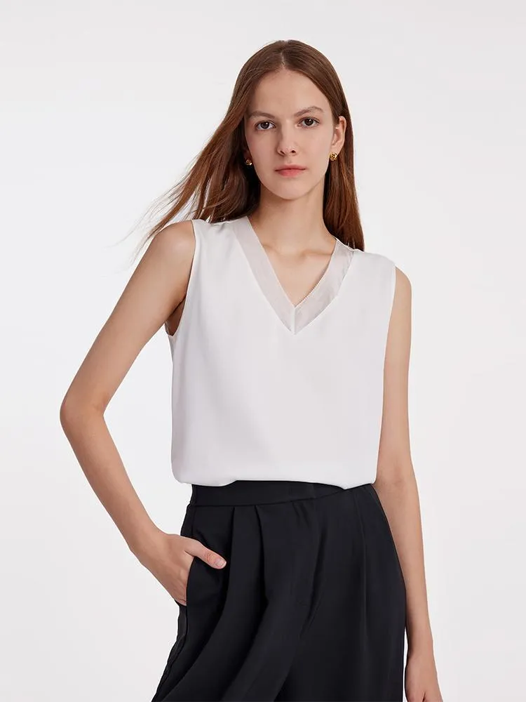 White Acetate V-Neck Tank Top sold by Goelia