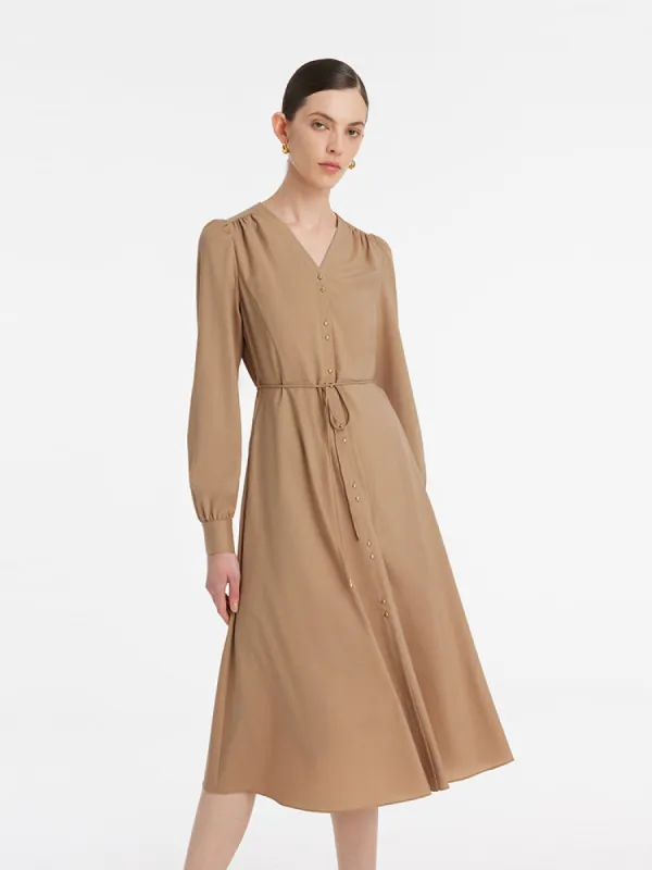 Wool-Silk Blend V-Neck Women Midi Dress sold by Goelia