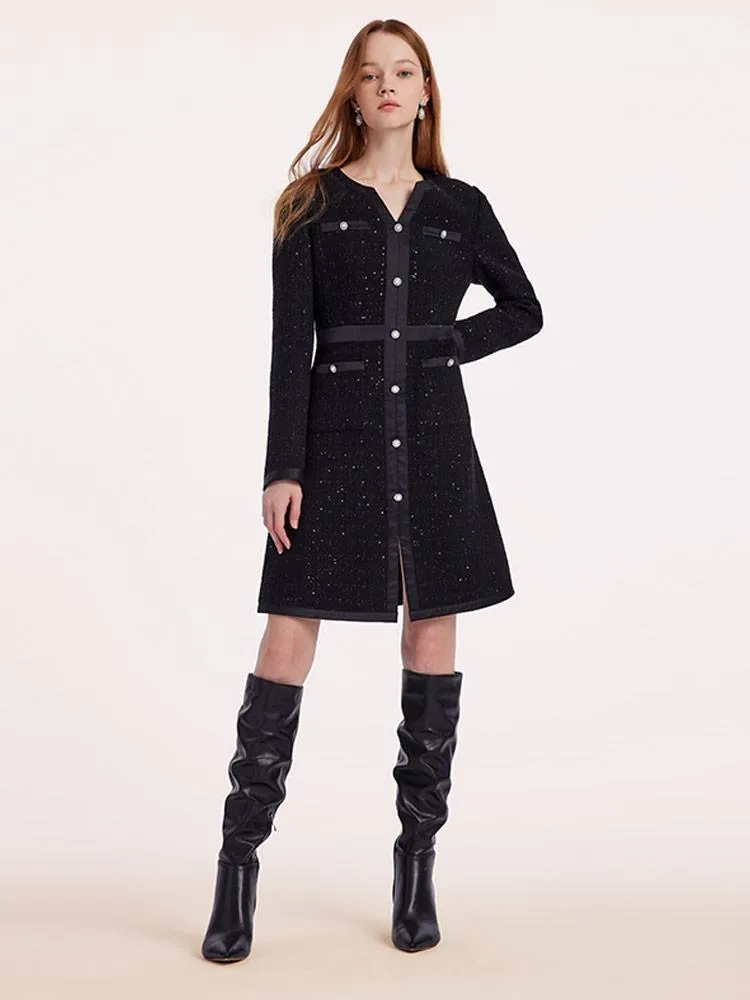 Black Sequins Notched Round Collar Wool Tweed Dress sold by Goelia product image thumbnail 2