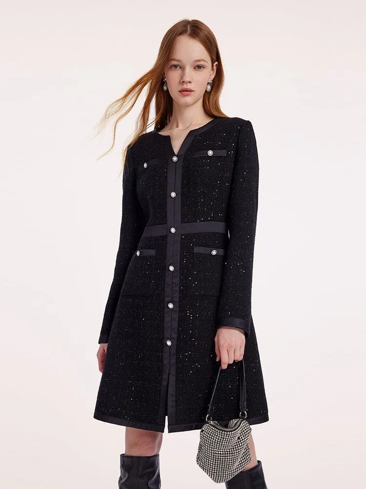 Black Sequins Notched Round Collar Wool Tweed Dress sold by Goelia product image thumbnail 5