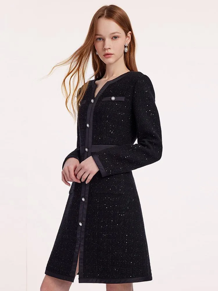Black Sequins Notched Round Collar Wool Tweed Dress sold by Goelia product image thumbnail 4