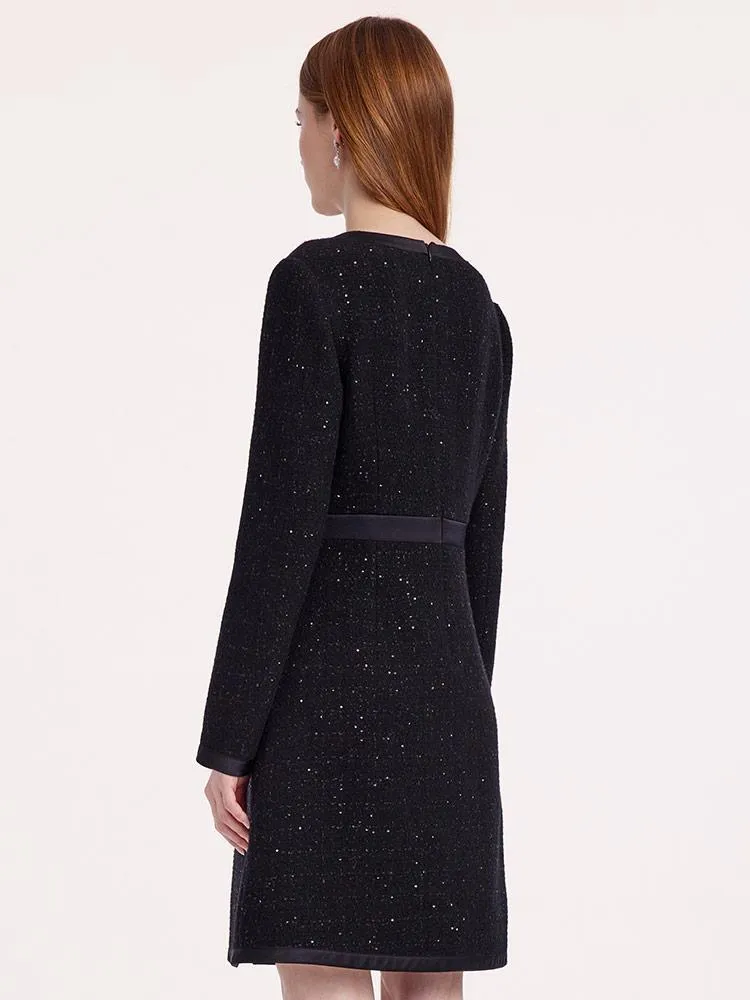 Black Sequins Notched Round Collar Wool Tweed Dress sold by Goelia product image thumbnail 3