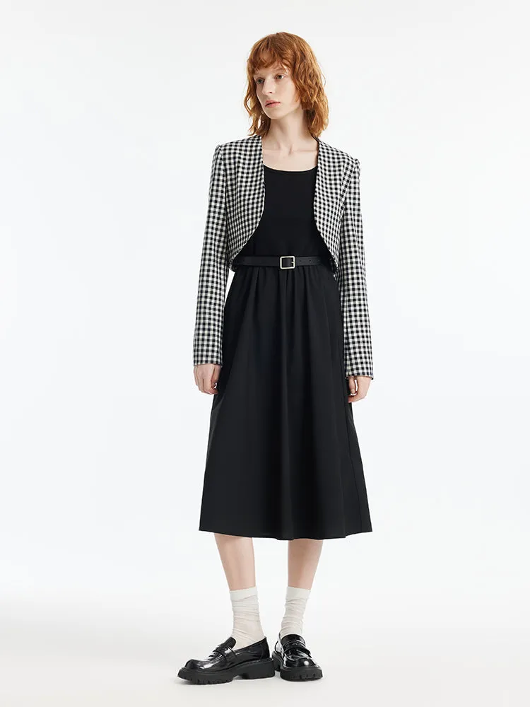 Black And White Check Crop Jacket And Dress Two-Piece Set With Belt sold by Goelia product image thumbnail 2