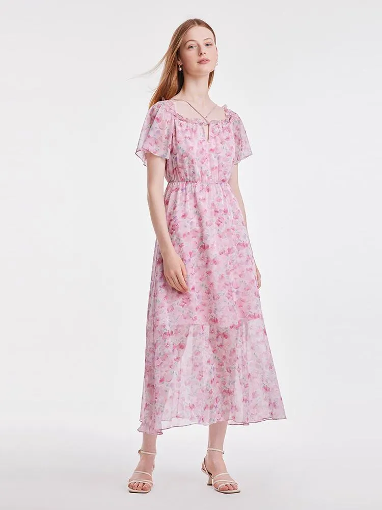 Pink Square Neck Print Maxi Dress sold by Goelia product image thumbnail 4