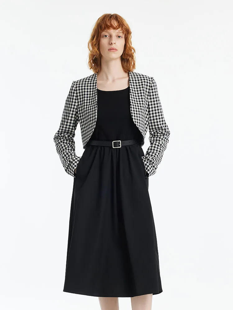 Black And White Check Crop Jacket And Dress Two-Piece Set With Belt sold by Goelia
