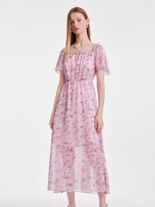 Pink Square Neck Print Maxi Dress made by Goelia