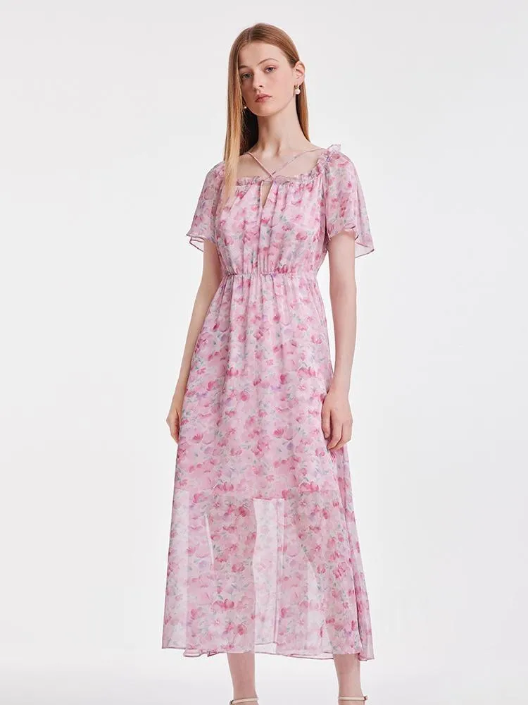 Pink Square Neck Print Maxi Dress sold by Goelia