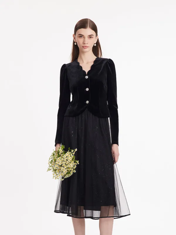 Wave Cut V-Neck Velvet Top And Tulle Skirt Two-Piece Set made by Goelia